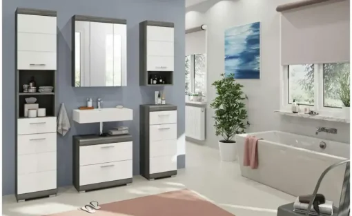 Badezimmerspiegelschrank SCHLOONSEE, Breite 60cm, 3 Spiegeltüren, 9 Fächer, 6 Einlegeböden, in verschiedenen Farben erhältlich, Badmöbel, Spiegel, Badschrank, Bad Schloonsee | Silbergrau
