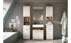 Badmöbel-Set SCHLOONSEE, 5 teilig, bestehend aus: Hochschrank, WBU, Spiegel, Unterschrank, Hängeschrank Schloonsee | Eiche Sonoma (Nachbildung), Weiß, hochglanz