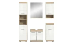 Badmöbel-Set SCHLOONSEE, 5 teilig, bestehend aus: Hochschrank, WBU, Spiegel, Unterschrank, Hängeschrank Schloonsee | Eiche Sonoma (Nachbildung), Weiß, hochglanz