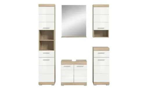 Badmöbel-Set SCHLOONSEE, 5 teilig, bestehend aus: Hochschrank, WBU, Spiegel, Unterschrank, Hängeschrank Schloonsee | Eiche Sonoma (Nachbildung), Weiß, hochglanz
