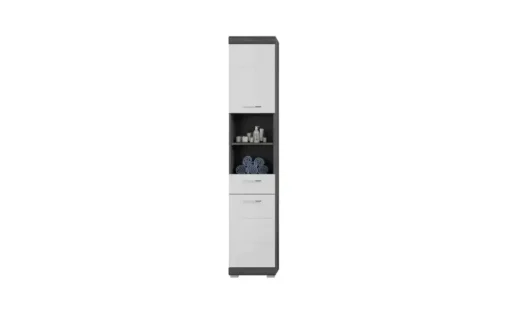Badmöbel-Set SCHLOONSEE, 4 teilig, bestehend aus: Hochschrank, Waschbeckenunterschrank, Badspiegel, Midischrank Schloonsee | Weiß, hochglanz