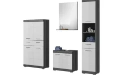 Badmöbel-Set SCHLOONSEE, 4 teilig, bestehend aus: Hochschrank, Waschbeckenunterschrank, Badspiegel, Midischrank Schloonsee | Weiß, hochglanz