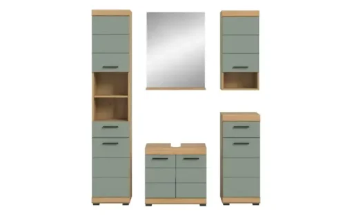 Badmöbel-Set SCHLOONSEE, 5 teilig, bestehend aus: Hochschrank, WBU, Spiegel, Unterschrank, Hängeschrank Schloonsee | Eiche Artisan (Nachbildung), Salbeigrün