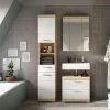 Badmöbel-Set SCHLOONSEE, 3 teilig, bestehend aus: Hochschrank, Waschbeckenunterschrank, Spiegelschrank, Hochschrank, Waschbeckenunterschrank, Spiegelschrank Schloonsee | Eiche Sonoma (Nachbildung), Weiß, hochglanz
