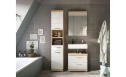 Badmöbel-Set SCHLOONSEE, 3 teilig, bestehend aus: Hochschrank, Waschbeckenunterschrank, Spiegelschrank, Hochschrank, Waschbeckenunterschrank, Spiegelschrank Schloonsee | Eiche Sonoma (Nachbildung), Weiß, hochglanz