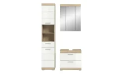 Badmöbel-Set SCHLOONSEE, 3 teilig, bestehend aus: Hochschrank, Waschbeckenunterschrank, Spiegelschrank, Hochschrank, Waschbeckenunterschrank, Spiegelschrank Schloonsee | Eiche Sonoma (Nachbildung), Weiß, hochglanz