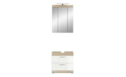 Badmöbel-Set SCHLOONSEE, 2 teilig, inklusive LED Beleuchtung, bestehend aus: Waschbeckenunterschrank, Spiegelschrank, LED Badaufsatzleuchte Schloonsee | Eiche Sonoma (Nachbildung), Weiß, hochglanz
