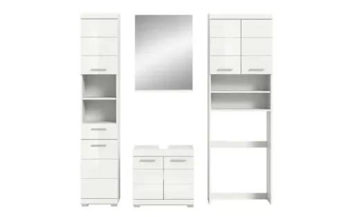 Badmöbel-Set SCHLOONSEE, 4 teilig, bestehend aus: Hochschrank, WBU, Badspiegel, Waschmaschinenumbauschrank Schloonsee | Weiß, hochglanz