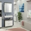 Badmöbel-Set SCHLOONSEE, 3 teilig, bestehend aus: Hochschrank, Waschbeckenunterschrank, Spiegelschrank, Hochschrank, Waschbeckenunterschrank, Spiegelschrank Schloonsee | Weiß, hochglanz
