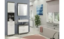 Badmöbel-Set SCHLOONSEE, 3 teilig, bestehend aus: Hochschrank, Waschbeckenunterschrank, Spiegelschrank, Hochschrank, Waschbeckenunterschrank, Spiegelschrank Schloonsee | Weiß, hochglanz