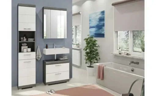 Badmöbel-Set SCHLOONSEE, 3 teilig, bestehend aus: Hochschrank, Waschbeckenunterschrank, Spiegelschrank, Hochschrank, Waschbeckenunterschrank, Spiegelschrank Schloonsee | Weiß, hochglanz