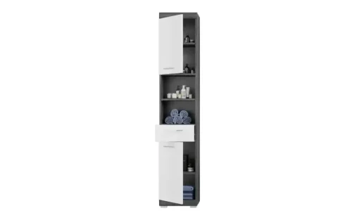 Badmöbel-Set SCHLOONSEE, 3 teilig, bestehend aus: Hochschrank, Waschbeckenunterschrank, Spiegelschrank, Hochschrank, Waschbeckenunterschrank, Spiegelschrank Schloonsee | Weiß, hochglanz
