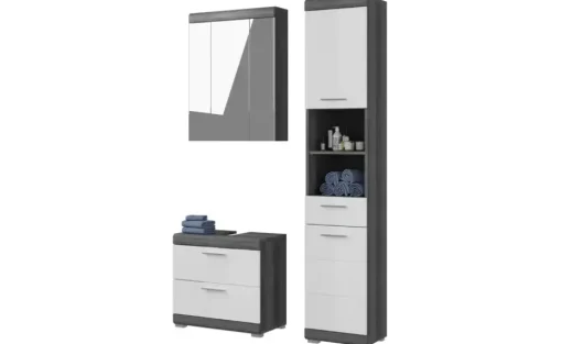 Badmöbel-Set SCHLOONSEE, 3 teilig, bestehend aus: Hochschrank, Waschbeckenunterschrank, Spiegelschrank, Hochschrank, Waschbeckenunterschrank, Spiegelschrank Schloonsee | Weiß, hochglanz