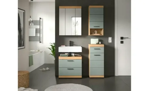 Badmöbel-Set SCHLOONSEE, 4 teilig, bestehend aus: Waschbeckenunterschrank, Spiegelschrank, Unterschrank, Hängeschrank Schloonsee | Eiche Artisan (Nachbildung), Salbeigrün