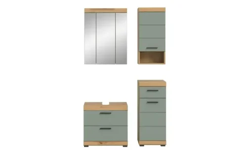 Badmöbel-Set SCHLOONSEE, 4 teilig, bestehend aus: Waschbeckenunterschrank, Spiegelschrank, Unterschrank, Hängeschrank Schloonsee | Eiche Artisan (Nachbildung), Salbeigrün