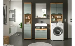 Badmöbel-Set SCHLOONSEE, 4 teilig, bestehend aus: Hochschrank, WBU, Badspiegel, Waschmaschinenumbauschrank Schloonsee | Eiche Artisan (Nachbildung), Salbeigrün