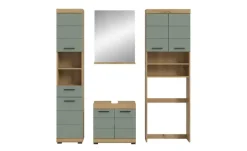 Badmöbel-Set SCHLOONSEE, 4 teilig, bestehend aus: Hochschrank, WBU, Badspiegel, Waschmaschinenumbauschrank Schloonsee | Eiche Artisan (Nachbildung), Salbeigrün