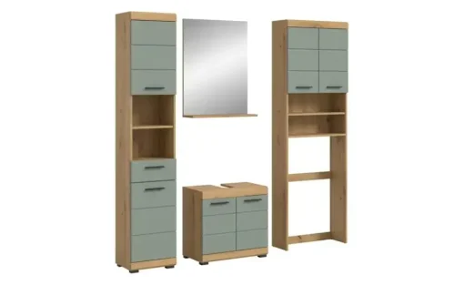 Badmöbel-Set SCHLOONSEE, 4 teilig, bestehend aus: Hochschrank, WBU, Badspiegel, Waschmaschinenumbauschrank Schloonsee | Eiche Artisan (Nachbildung), Salbeigrün