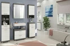 Badmöbel-Set SCHLOONSEE, 5 teilig, inklusive LED Beleuchtung, bestehend aus: Hochschrank, WBU, Spiegelschrank, Unterschrank, Hängeschrank Schloonsee | Weiß, hochglanz