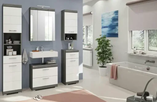 Badmöbel-Set SCHLOONSEE, 5 teilig, inklusive LED Beleuchtung, bestehend aus: Hochschrank, WBU, Spiegelschrank, Unterschrank, Hängeschrank Schloonsee | Weiß, hochglanz