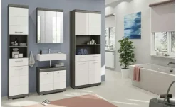 Badmöbel-Set SCHLOONSEE, 4 teilig, bestehend aus: Hochschrank schmal, WBU, Spiegelschrank, Hochschrank breit Schloonsee | Weiß, hochglanz
