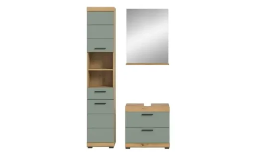 Badmöbel-Set SCHLOONSEE, 3 teilig, bestehend aus: Hochschrank, Waschbeckenunterschrank, Spiegel Schloonsee | Eiche Artisan (Nachbildung), Salbeigrün