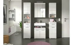 Badmöbel-Set SCHLOONSEE, 5 teilig, inklusive LED Beleuchtung, bestehend aus: Hochschrank, WBU, Spiegelschrank, Unterschrank, Hängeschrank Schloonsee | Weiß, hochglanz
