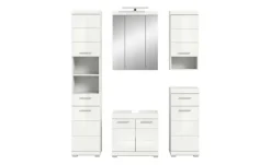 Badmöbel-Set SCHLOONSEE, 5 teilig, inklusive LED Beleuchtung, bestehend aus: Hochschrank, WBU, Spiegelschrank, Unterschrank, Hängeschrank Schloonsee | Weiß, hochglanz