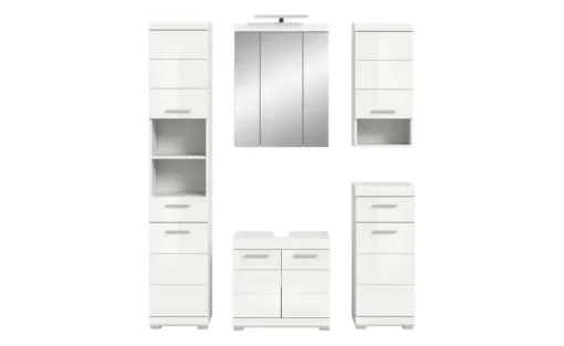 Badmöbel-Set SCHLOONSEE, 5 teilig, inklusive LED Beleuchtung, bestehend aus: Hochschrank, WBU, Spiegelschrank, Unterschrank, Hängeschrank Schloonsee | Weiß, hochglanz