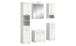 Badmöbel-Set SCHLOONSEE, 5 teilig, inklusive LED Beleuchtung, bestehend aus: Hochschrank, WBU, Spiegelschrank, Unterschrank, Hängeschrank Schloonsee | Weiß, hochglanz