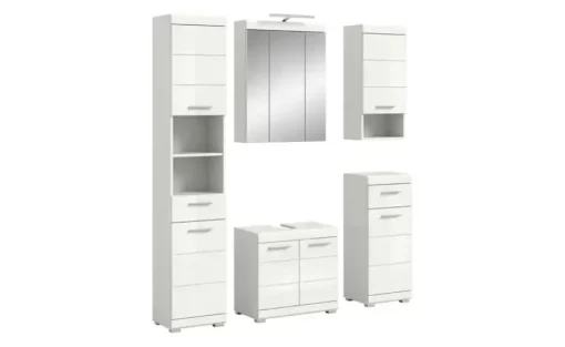 Badmöbel-Set SCHLOONSEE, 5 teilig, inklusive LED Beleuchtung, bestehend aus: Hochschrank, WBU, Spiegelschrank, Unterschrank, Hängeschrank Schloonsee | Weiß, hochglanz