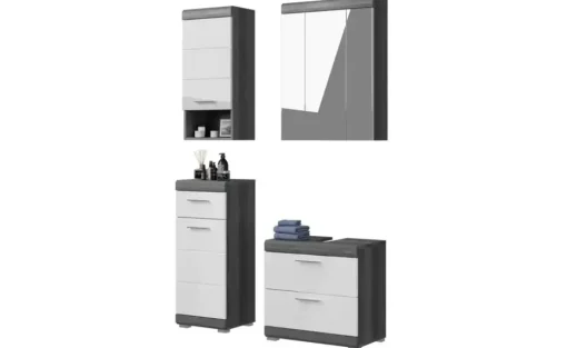 Badmöbel-Set SCHLOONSEE, 4 teilig, bestehend aus: Waschbeckenunterschrank, Spiegelschrank, Unterschrank, Hängeschrank Schloonsee | Weiß, hochglanz