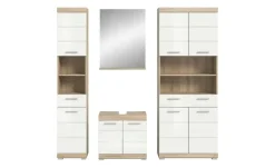 Badmöbel-Set SCHLOONSEE, 4 teilig, bestehend aus: Hochschrank, Waschbeckenunterschrank, Badspiegel, Hochschrank breit Schloonsee | Eiche Sonoma (Nachbildung), Weiß, hochglanz