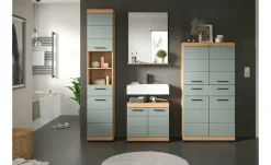 Badmöbel-Set SCHLOONSEE, 4 teilig, bestehend aus: Hochschrank, Waschbeckenunterschrank, Badspiegel, Midischrank Schloonsee | Eiche Artisan (Nachbildung), Salbeigrün