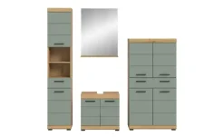 Badmöbel-Set SCHLOONSEE, 4 teilig, bestehend aus: Hochschrank, Waschbeckenunterschrank, Badspiegel, Midischrank Schloonsee | Eiche Artisan (Nachbildung), Salbeigrün