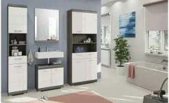Badmöbel-Set SCHLOONSEE, 4 teilig, bestehend aus: Hochschrank, Waschbeckenunterschrank, Badspiegel, Hochschrank breit Schloonsee | Weiß, hochglanz