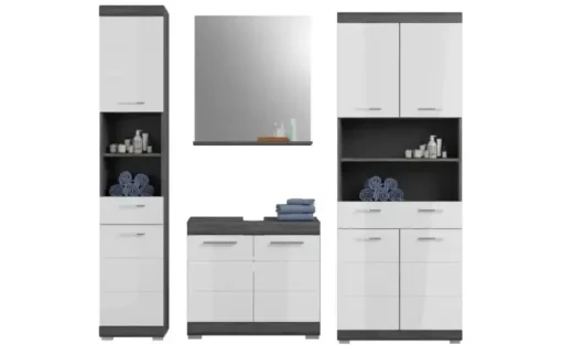 Badmöbel-Set SCHLOONSEE, 4 teilig, bestehend aus: Hochschrank, Waschbeckenunterschrank, Badspiegel, Hochschrank breit Schloonsee | Weiß, hochglanz