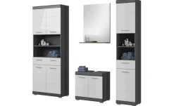 Badmöbel-Set SCHLOONSEE, 4 teilig, bestehend aus: Hochschrank, Waschbeckenunterschrank, Badspiegel, Hochschrank breit Schloonsee | Weiß, hochglanz