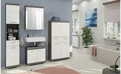 Badmöbel-Set SCHLOONSEE, 4 teilig, bestehend aus: Hochschrank, Waschbeckenunterschrank, Spiegelschrank, Midischrank Schloonsee | Weiß, hochglanz