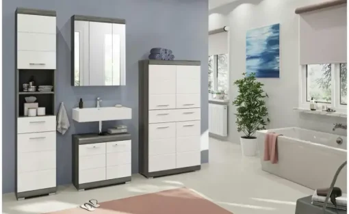 Badmöbel-Set SCHLOONSEE, 4 teilig, bestehend aus: Hochschrank, Waschbeckenunterschrank, Spiegelschrank, Midischrank Schloonsee | Weiß, hochglanz