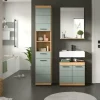 Badmöbel-Set SCHLOONSEE, 3 teilig, bestehend aus: Hochschrank, Waschbeckenunterschrank, Spiegel Schloonsee | Eiche Artisan (Nachbildung), Salbeigrün