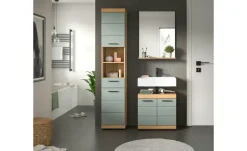 Badmöbel-Set SCHLOONSEE, 3 teilig, bestehend aus: Hochschrank, Waschbeckenunterschrank, Spiegel Schloonsee | Eiche Artisan (Nachbildung), Salbeigrün