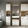 Badmöbel-Set SCHLOONSEE, 4 teilig, bestehend aus: Hochschrank, Waschbeckenunterschrank, Badspiegel, Midischrank Schloonsee | Eiche Sonoma (Nachbildung), Weiß, hochglanz