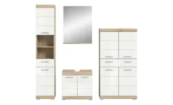 Badmöbel-Set SCHLOONSEE, 4 teilig, bestehend aus: Hochschrank, Waschbeckenunterschrank, Badspiegel, Midischrank Schloonsee | Eiche Sonoma (Nachbildung), Weiß, hochglanz