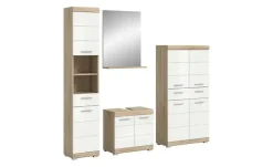 Badmöbel-Set SCHLOONSEE, 4 teilig, bestehend aus: Hochschrank, Waschbeckenunterschrank, Badspiegel, Midischrank Schloonsee | Eiche Sonoma (Nachbildung), Weiß, hochglanz