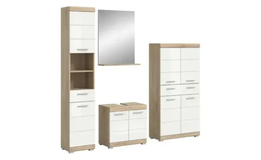 Badmöbel-Set SCHLOONSEE, 4 teilig, bestehend aus: Hochschrank, Waschbeckenunterschrank, Badspiegel, Midischrank Schloonsee | Eiche Sonoma (Nachbildung), Weiß, hochglanz