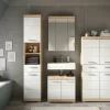 Badmöbel-Set SCHLOONSEE, 4 teilig, bestehend aus: Hochschrank, Waschbeckenunterschrank, Spiegelschrank, Midischrank Schloonsee | Eiche Sonoma (Nachbildung), Weiß, hochglanz