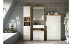 Badmöbel-Set SCHLOONSEE, 4 teilig, bestehend aus: Hochschrank, Waschbeckenunterschrank, Spiegelschrank, Midischrank Schloonsee | Eiche Sonoma (Nachbildung), Weiß, hochglanz