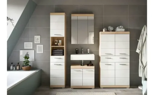 Badmöbel-Set SCHLOONSEE, 4 teilig, bestehend aus: Hochschrank, Waschbeckenunterschrank, Spiegelschrank, Midischrank Schloonsee | Eiche Sonoma (Nachbildung), Weiß, hochglanz
