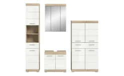 Badmöbel-Set SCHLOONSEE, 4 teilig, bestehend aus: Hochschrank, Waschbeckenunterschrank, Spiegelschrank, Midischrank Schloonsee | Eiche Sonoma (Nachbildung), Weiß, hochglanz